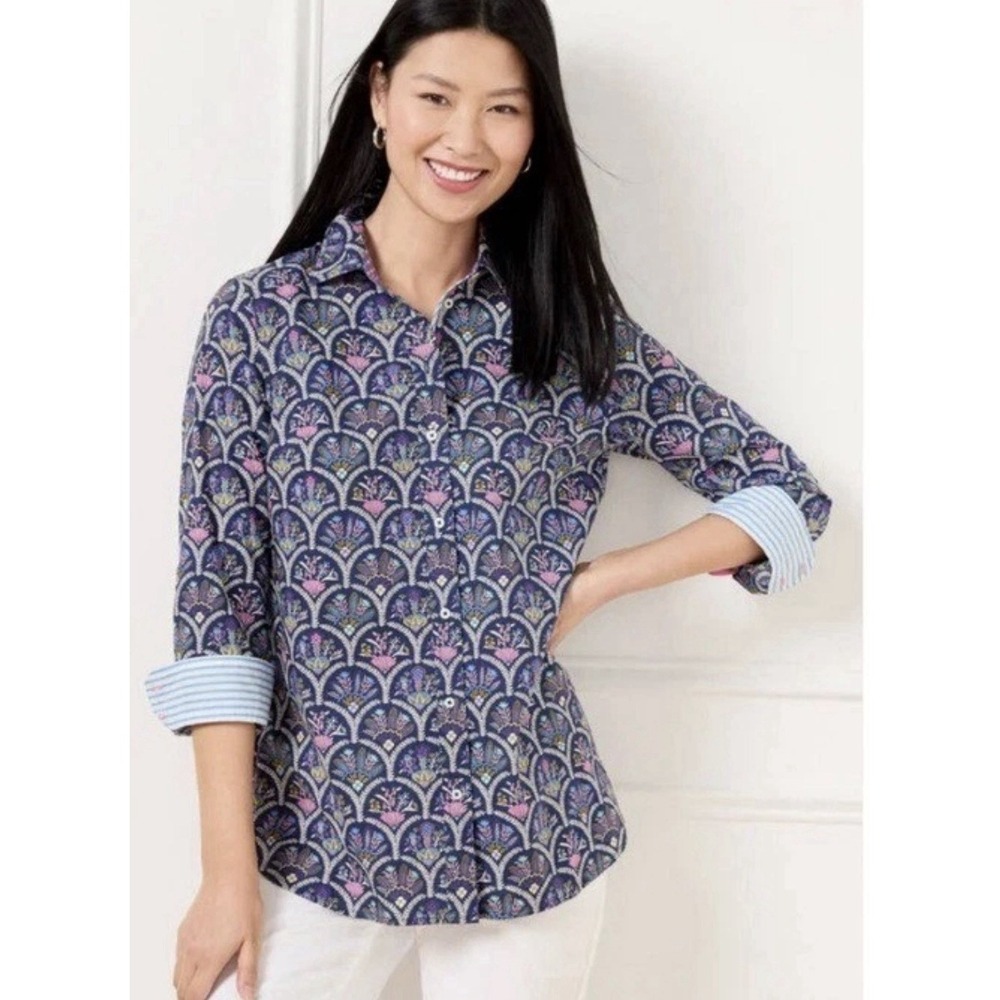 Talbots‎ Navy Floral Scalloped Classic Modern Button Down Relaxed Shirt Sz Large